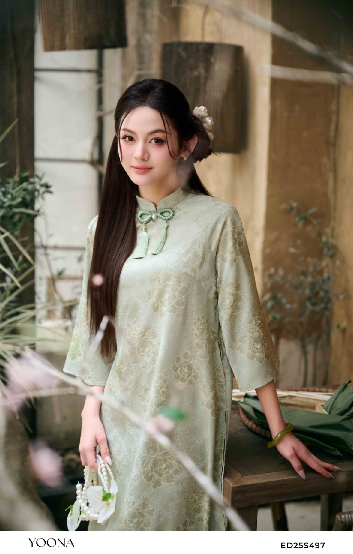 ED25S497 - Sét bộ áo dài lụa gấm hoa