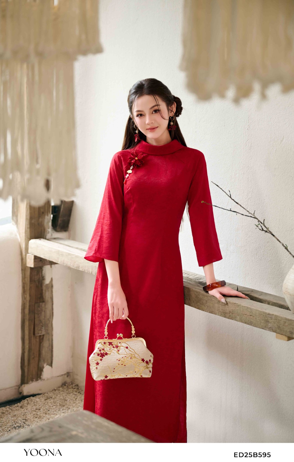 ED25B595 - Sét bộ áo dài tơ vân ánh kim hoa