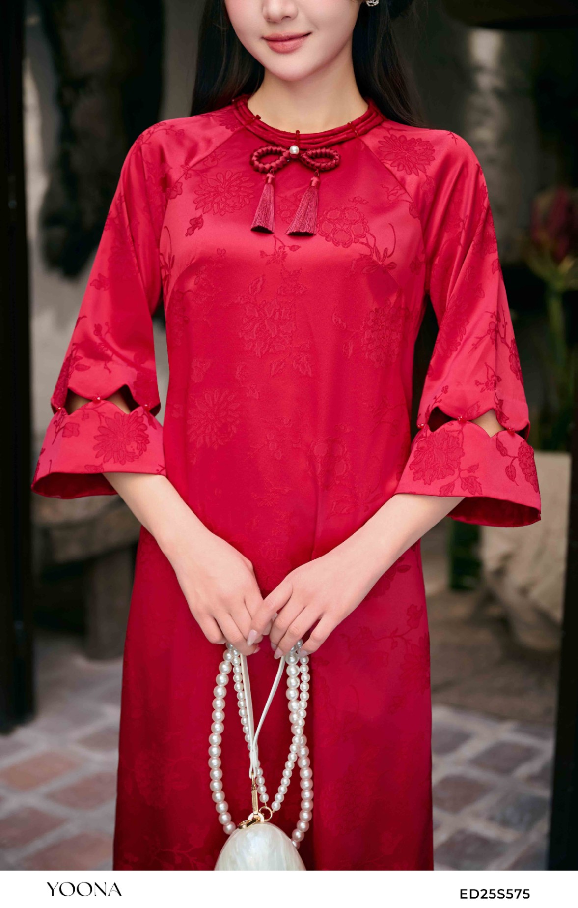 ED25S575 - Sét bộ áo dài lụa gấm thêu hoa
