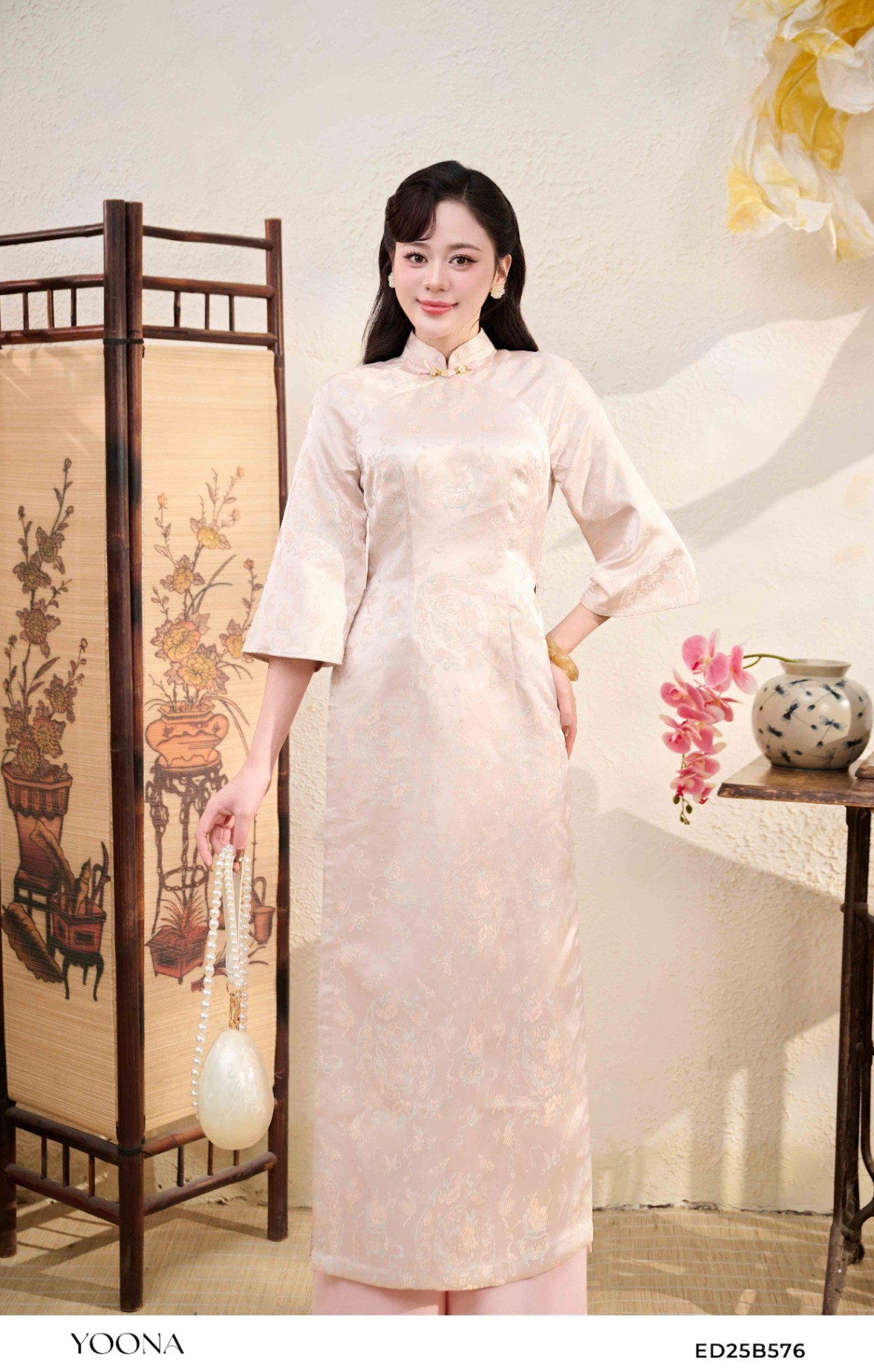 ED25B576 - Sét bộ gấm thêu hoa 3D