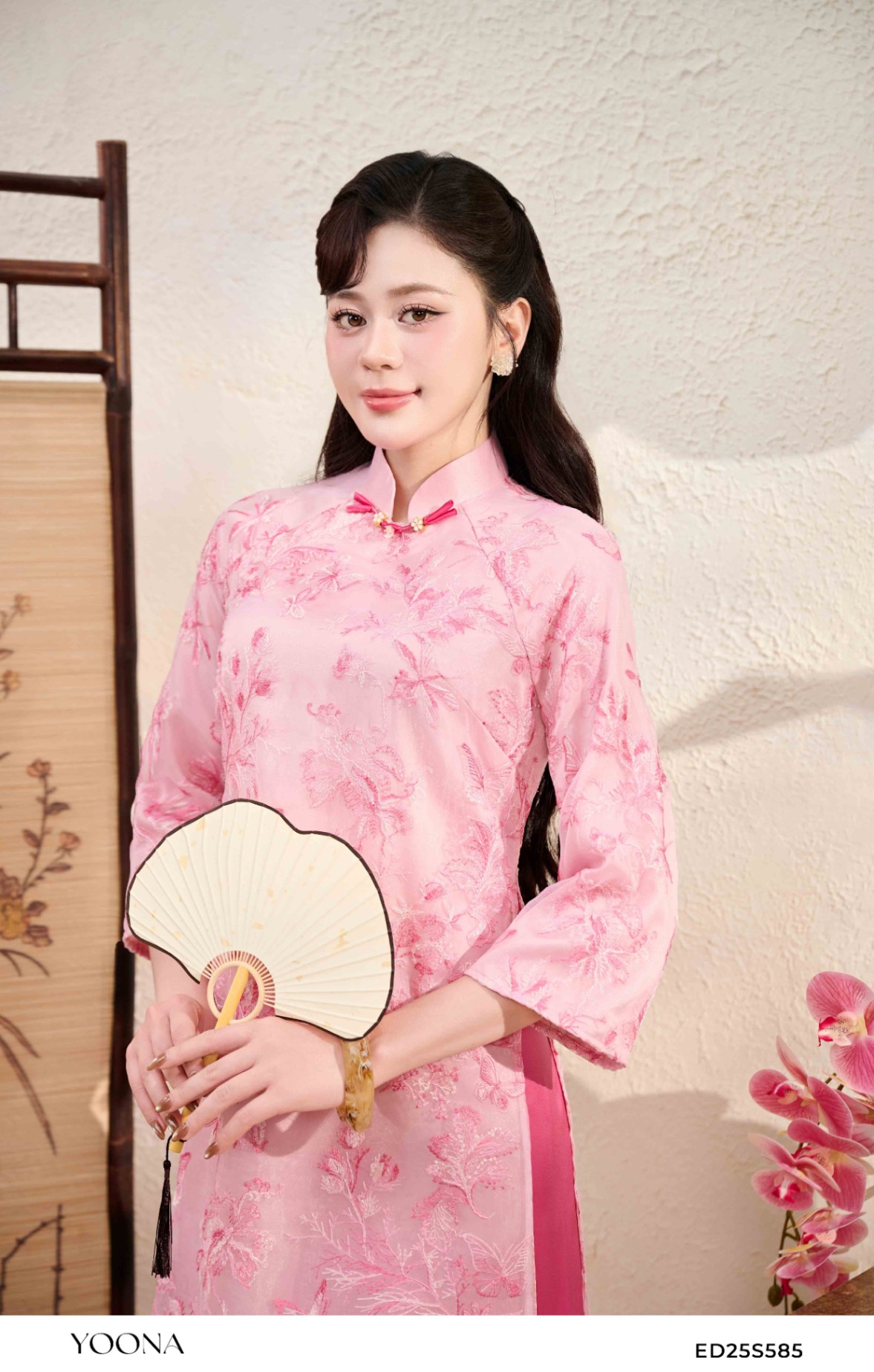 ED25S585 - Sét bộ áo dài tơ thêu hoa 3D
