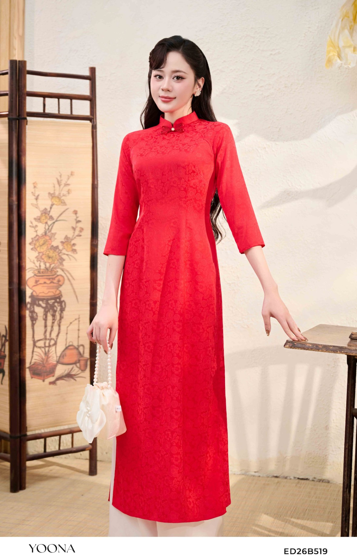 ED26B519 - Sét bộ áo dài lụa hoa