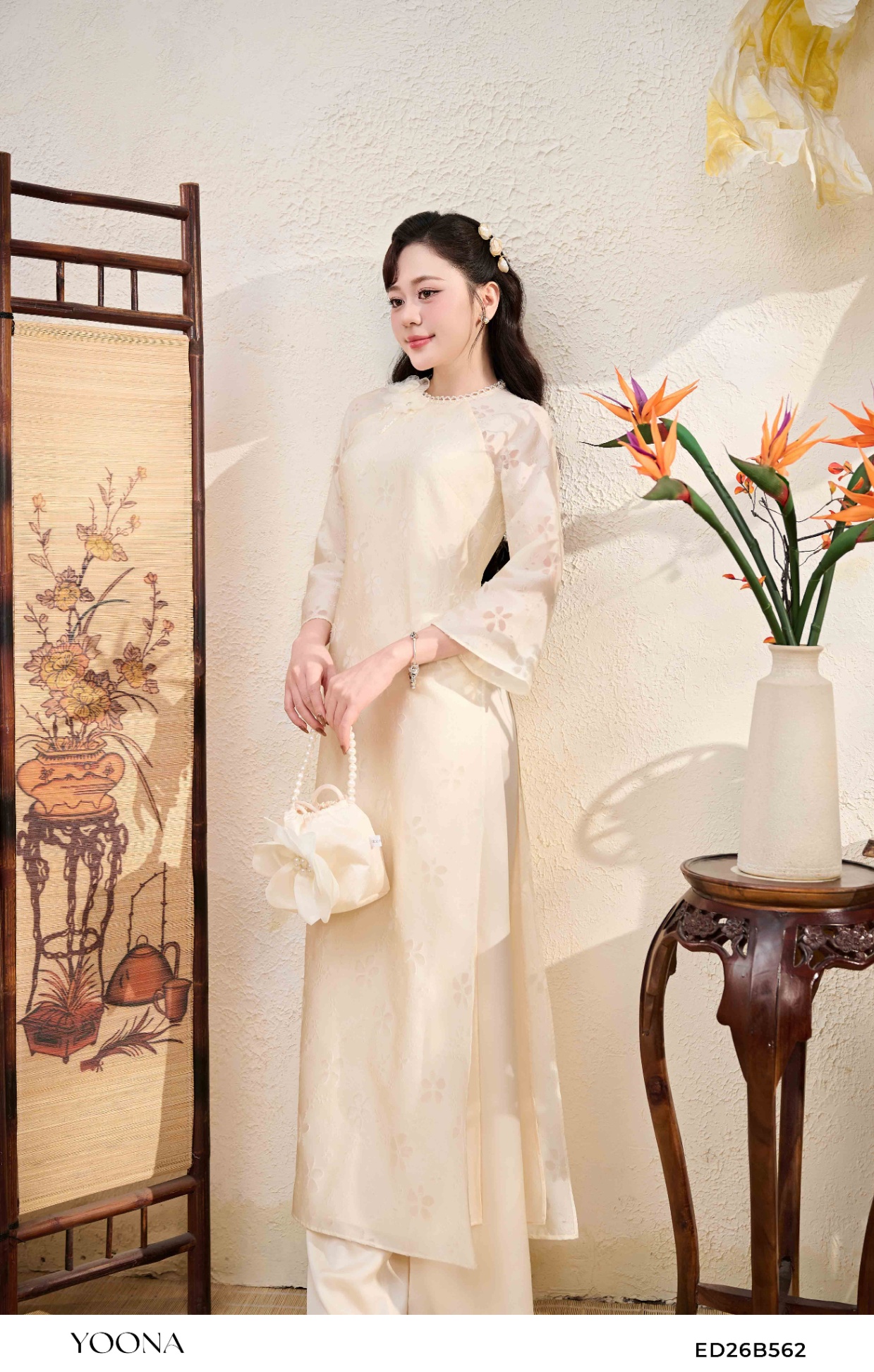 ED26B562 - Sét bộ áo dài tơ dập hoa 3D