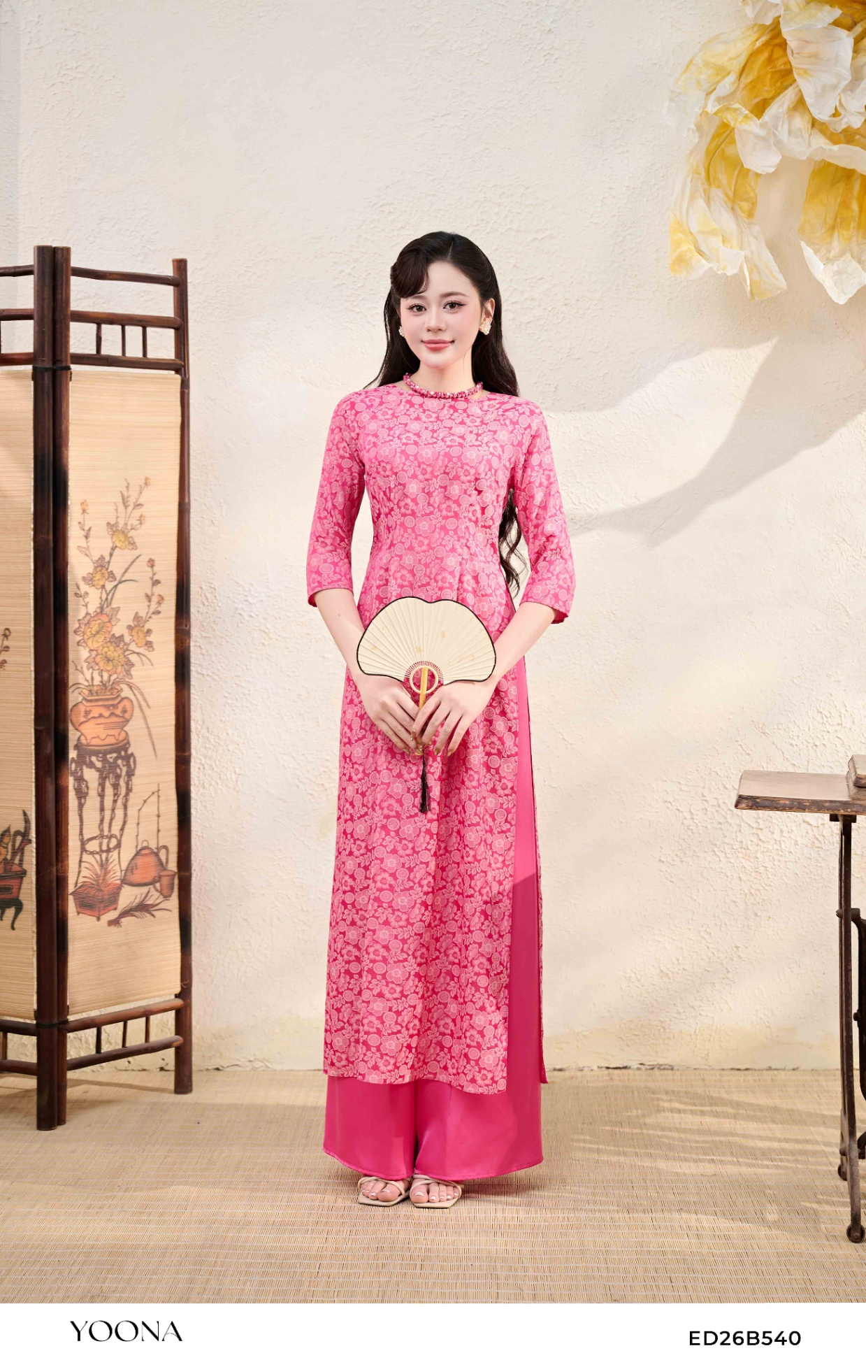 ED26B540 - Bộ áo dài lụa tô châu hoa