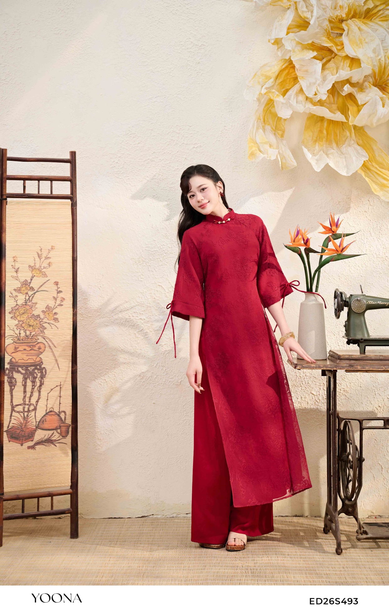 ED26S493 - Sét bộ áo dài lưới thêu hoa