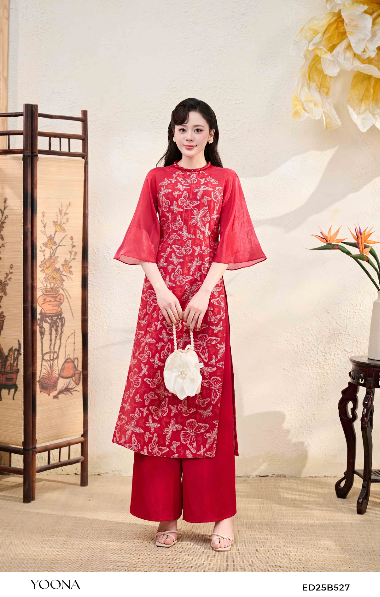 ED25B527 - Sét bộ áo dài tơ họa tiết hồ điệp 3D