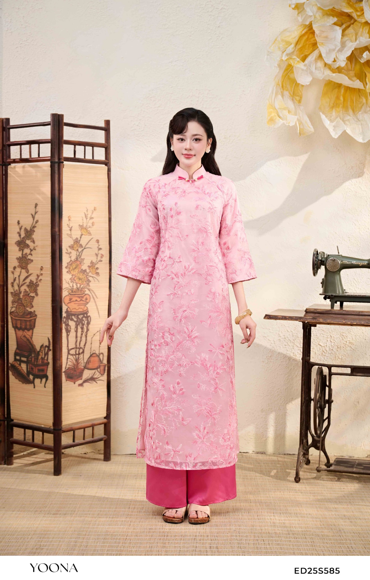 ED25S585 - Sét bộ áo dài tơ thêu hoa 3D