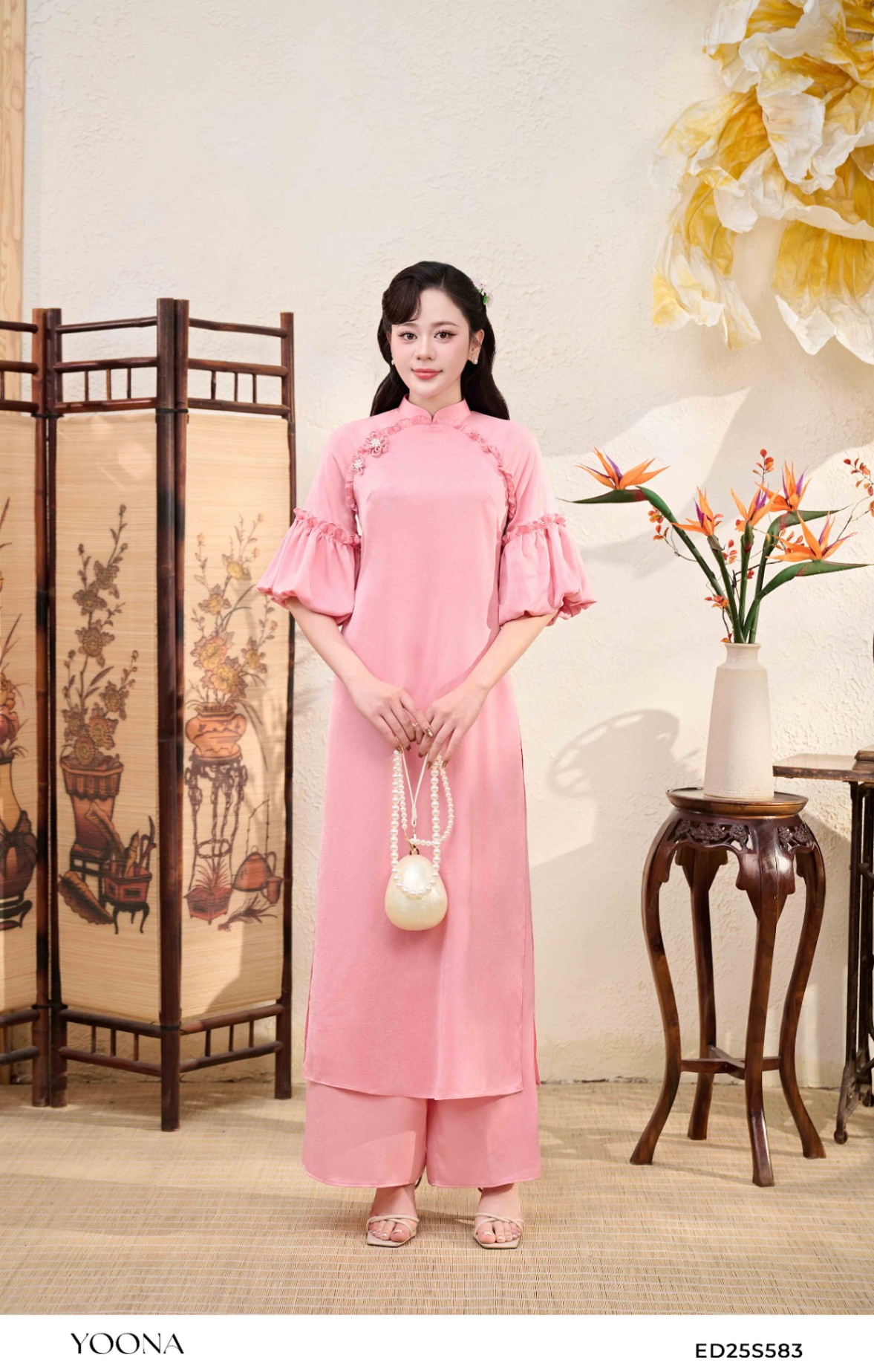 ED25S583 - Sét bộ áo dài lụa vân