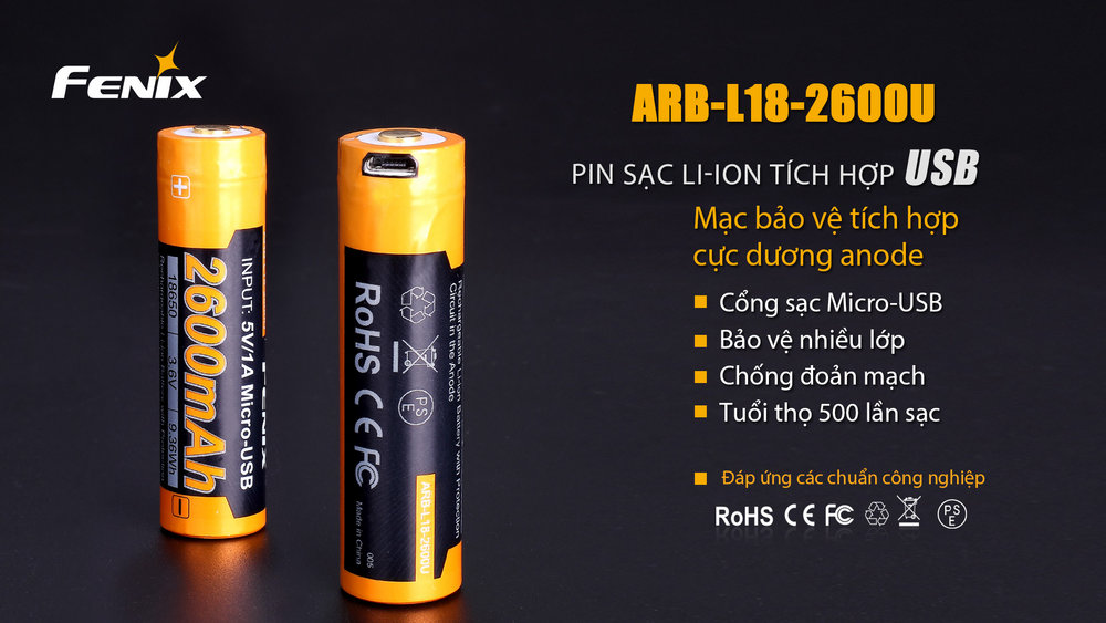 (01 viên) Pin sạc Fenix 18650 - ARB - L18 - 2600U (2600 mAh - tích hợp sạc Micro USB trên thân pin)