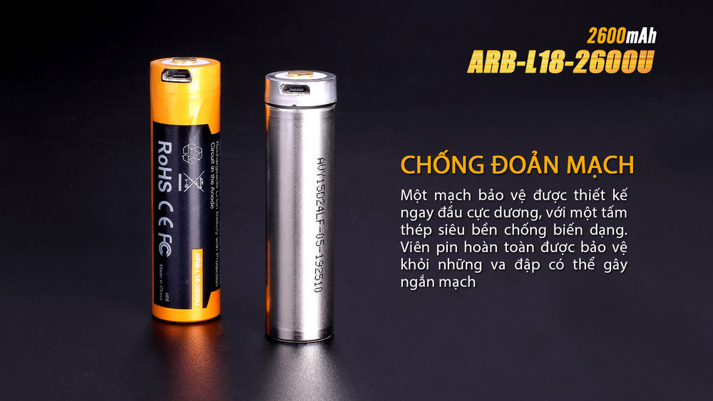 (01 viên) Pin sạc Fenix 18650 - ARB - L18 - 2600U (2600 mAh - tích hợp sạc Micro USB trên thân pin)