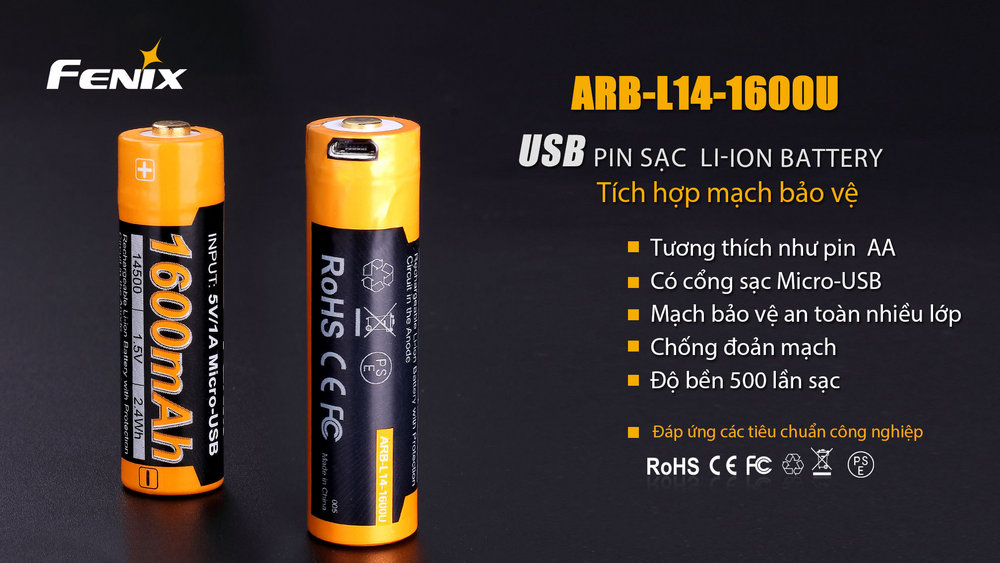 (01 viên) Pin sạc Fenix 14500 - ARB - L14 - 1600U (1600 mAh 1.5V - tích hợp sạc Micro USB trên thân pin)