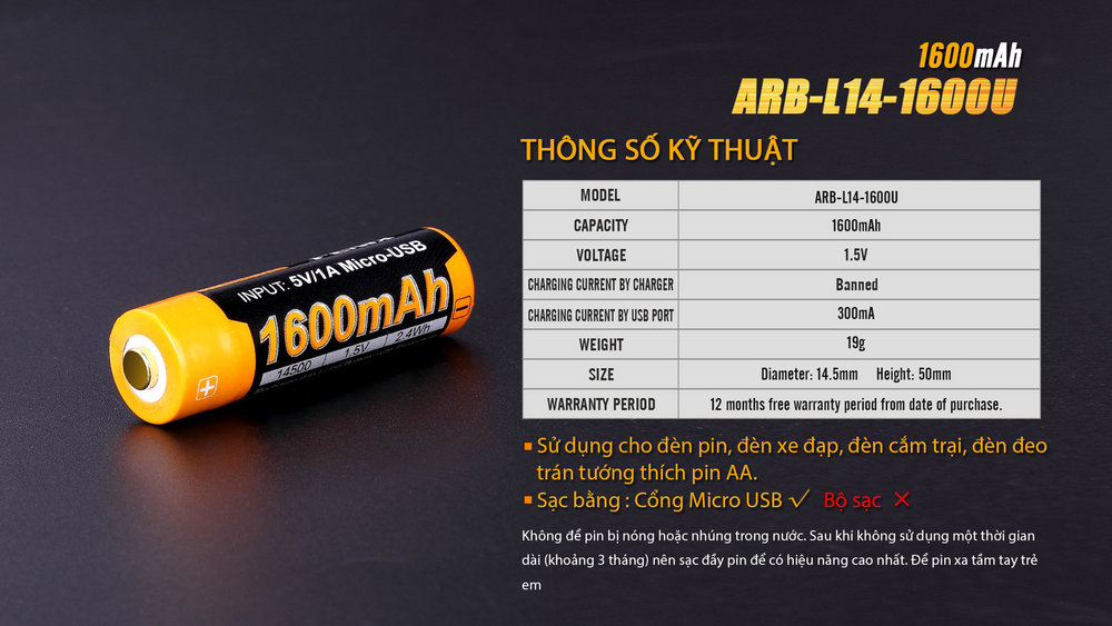 (01 viên) Pin sạc Fenix 14500 - ARB - L14 - 1600U (1600 mAh 1.5V - tích hợp sạc Micro USB trên thân pin)