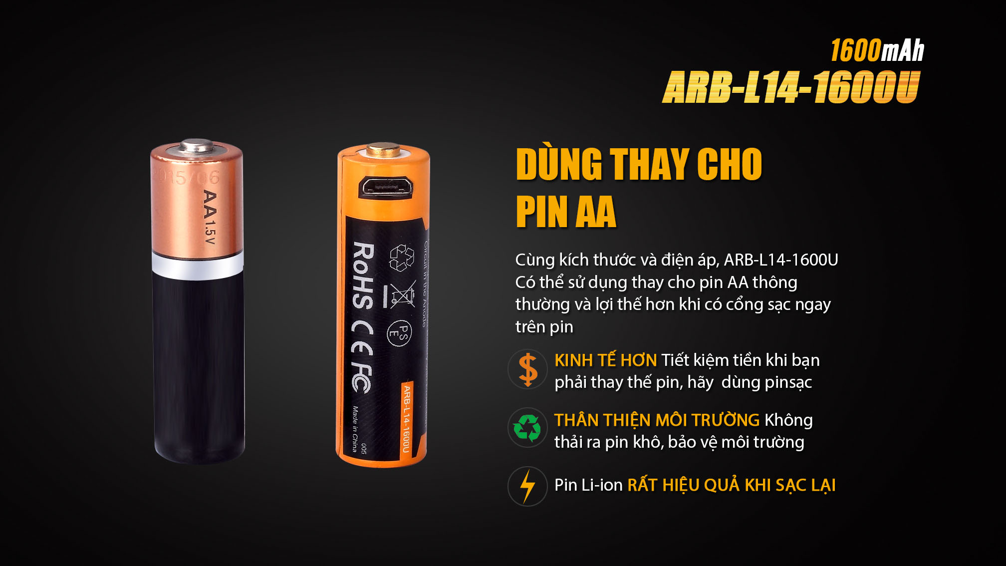 (01 viên) Pin sạc Fenix 14500 - ARB - L14 - 1600U (1600 mAh 1.5V - tích hợp sạc Micro USB trên thân pin)