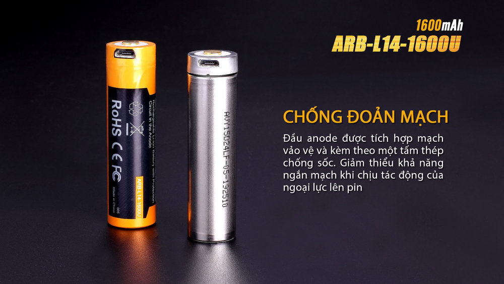 (01 viên) Pin sạc Fenix 14500 - ARB - L14 - 1600U (1600 mAh 1.5V - tích hợp sạc Micro USB trên thân pin)