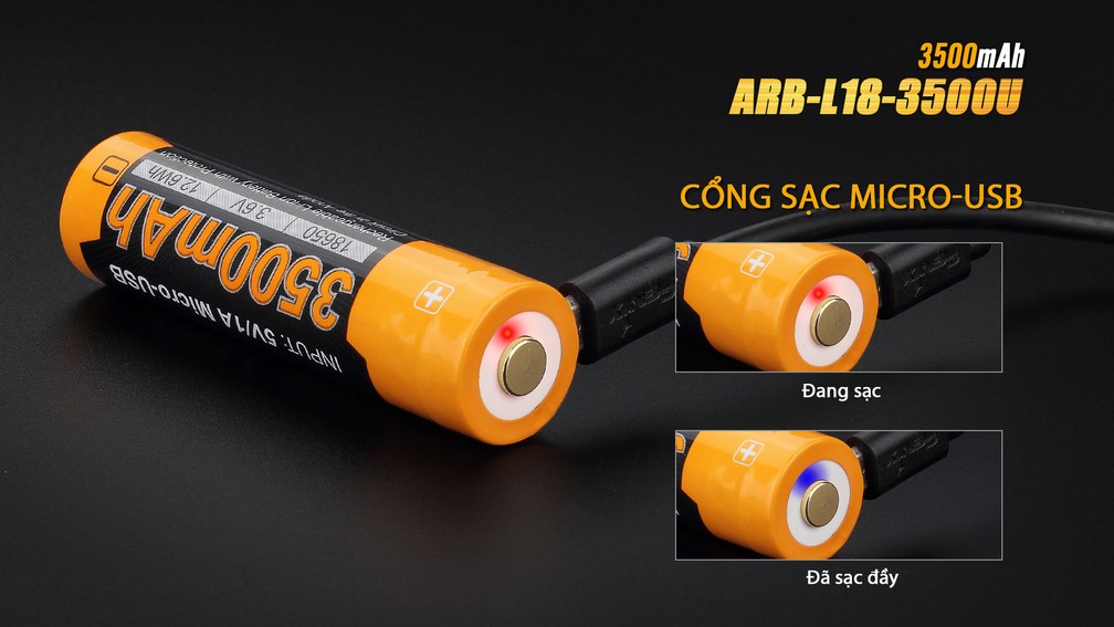 (01 viên) Pin sạc Fenix 18650 - ARB - L18 - 3500U mAh (tích hợp sạc Micro USB trên thân pin)