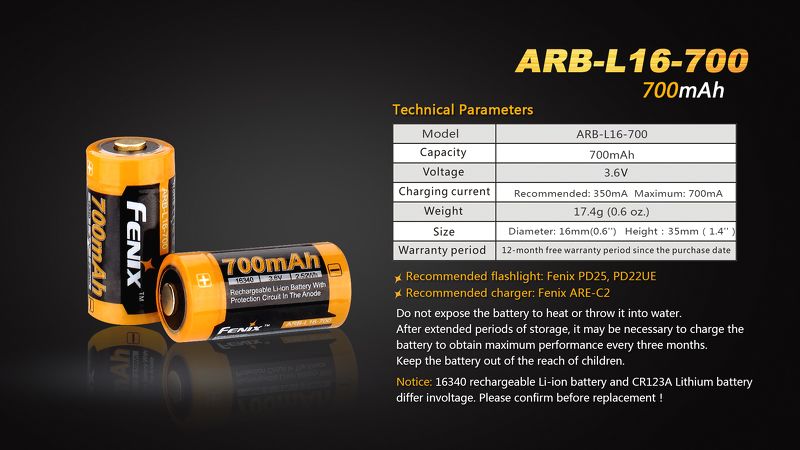 (01 viên) Pin sạc Fenix 16340 - ARB-L16-700 - 700 mAh
