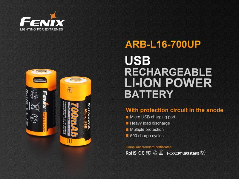 (01 viên) Pin sạc Fenix 16340 - ARB-L16-700U - 700 mAh (tích hợp sạc Micro USB trên thân pin)