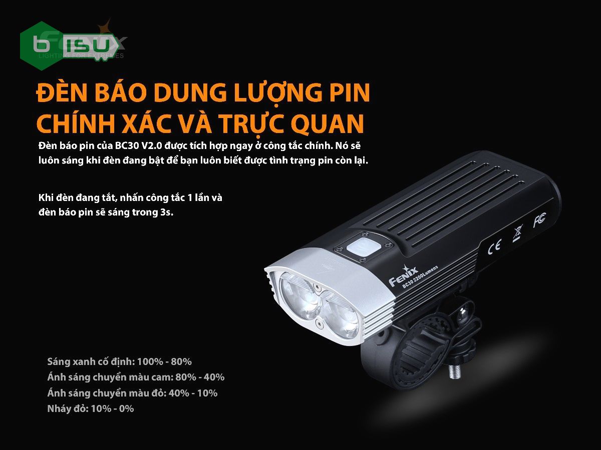 Đèn pin xe đạp FENIX BC30 V2.0 (2200 Lumens) Tặng kèm 2 pin sạc FENIX 18650 (2600mah)