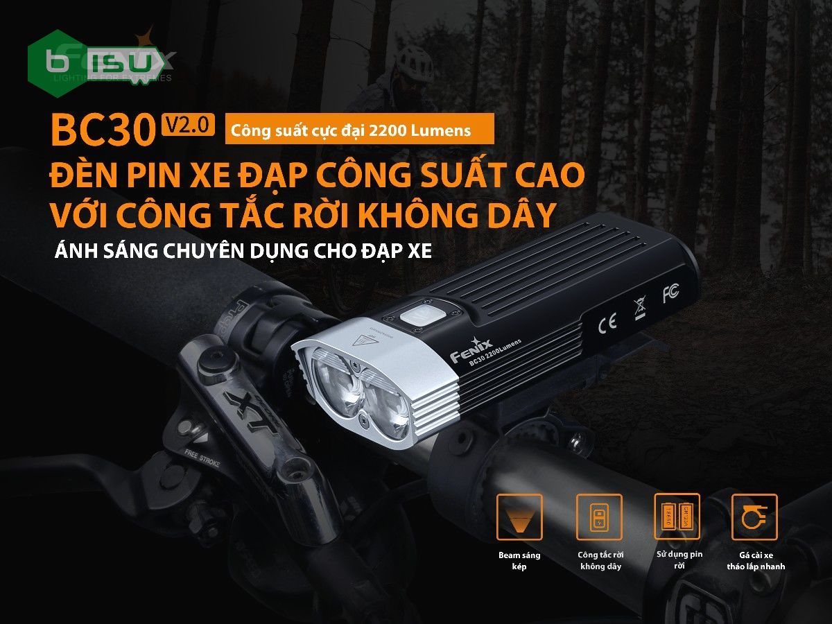 Đèn pin xe đạp FENIX BC30 V2.0 (2200 Lumens) Tặng kèm 2 pin sạc FENIX 18650 (2600mah)