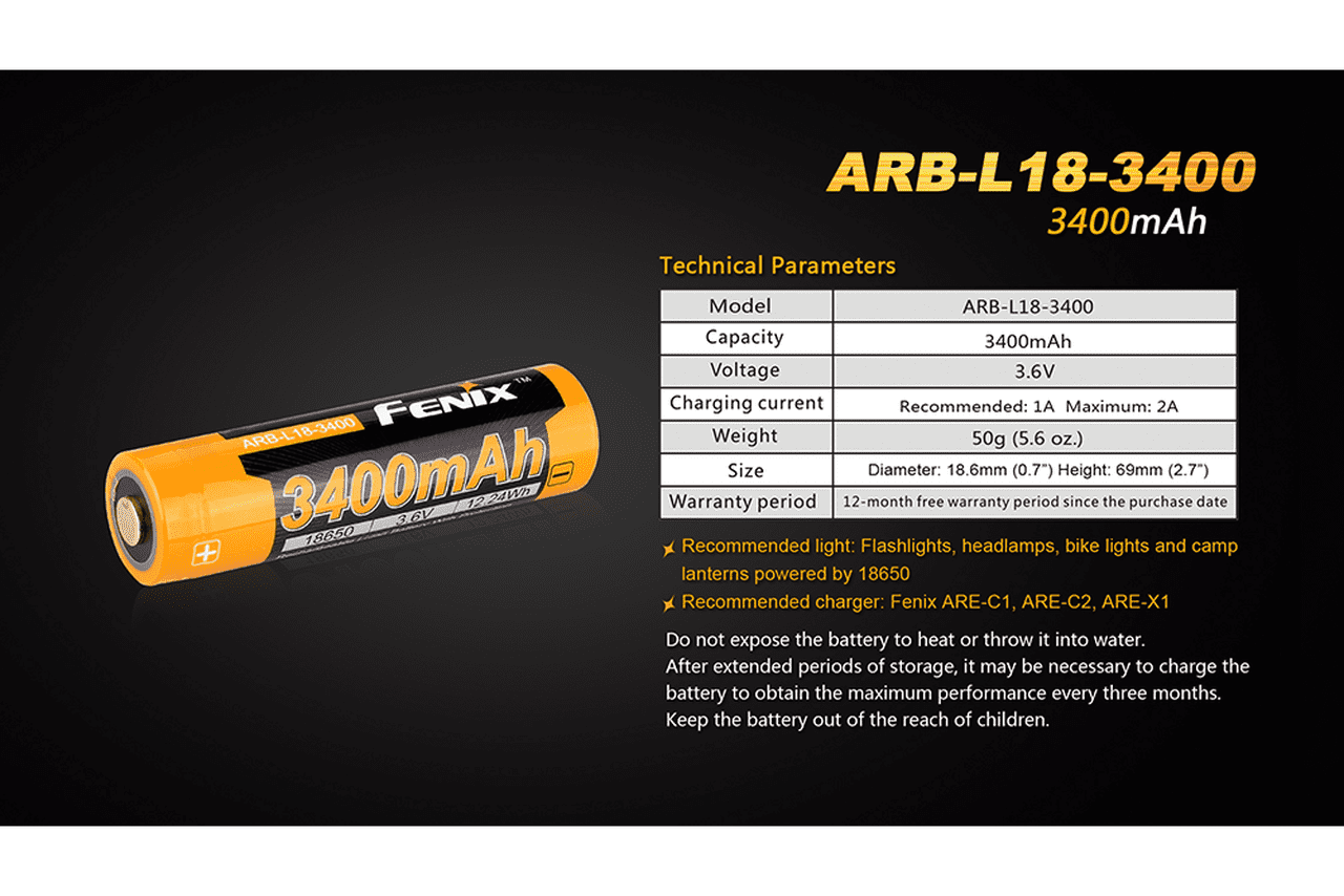 (01 viên) Pin sạc Fenix 18650 - ARB-L18-3400 - 3400 mAh