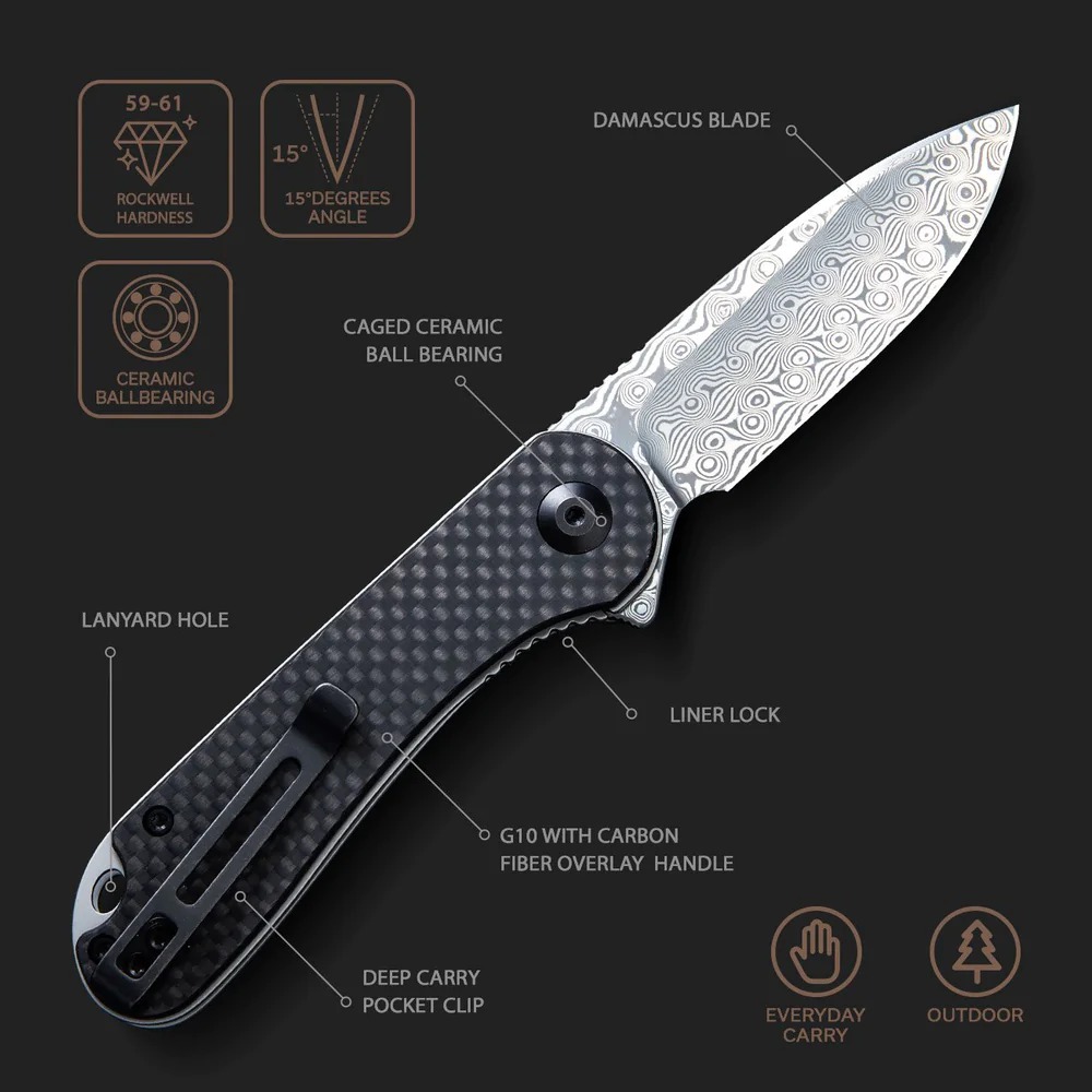 Civivi Elementum Linerlock Damascus cán Carbon