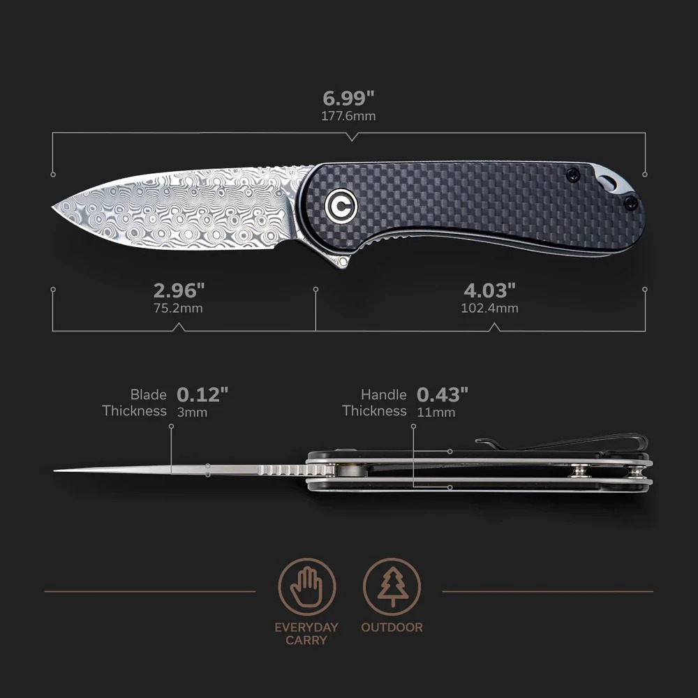 Civivi Elementum Linerlock Damascus cán Carbon