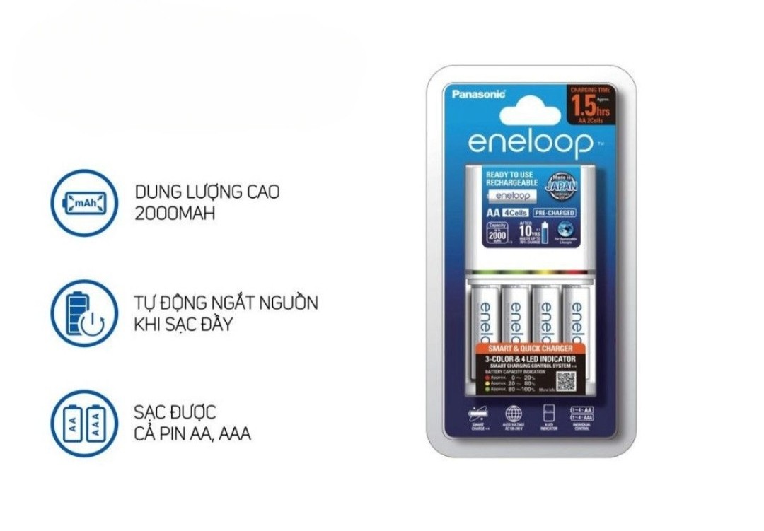 Combo bộ sạc Panasonic BQ-CC55 (English version) + 4 viên pin eneloop AA màu trắng bản xuất khẩu