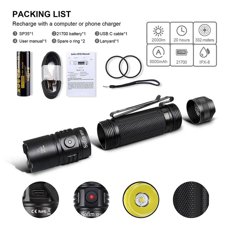 Đèn pin SOFIRN SP35 nhiệt màu 5000k (2000 Lumens)