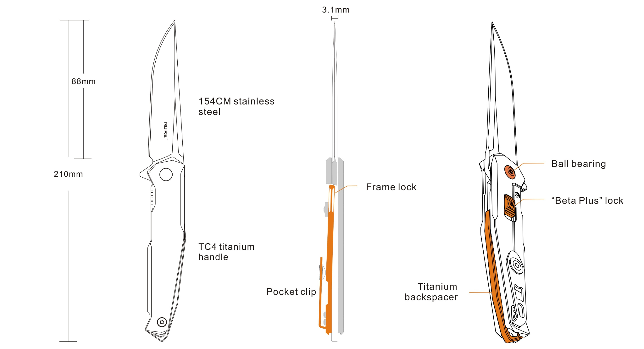 Dụng cụ đa năng RUIKE - M108-TZ (Cán Titanium TC4, thép 154cm)