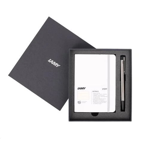 Bộ quà tặng - Lamy sổ Notebook A6 Softcover (Black) + Bút bi Lamy Logo - Black (Thân thép bóng viền đen)