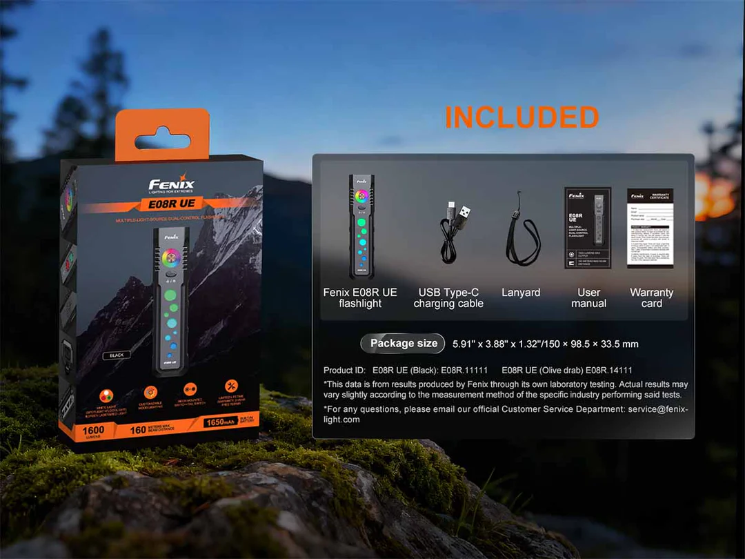 Đèn pin thân dẹt Fenix E08R UE (1600 Lumens) - tích hợp Laser xanh lá, Led đỏ