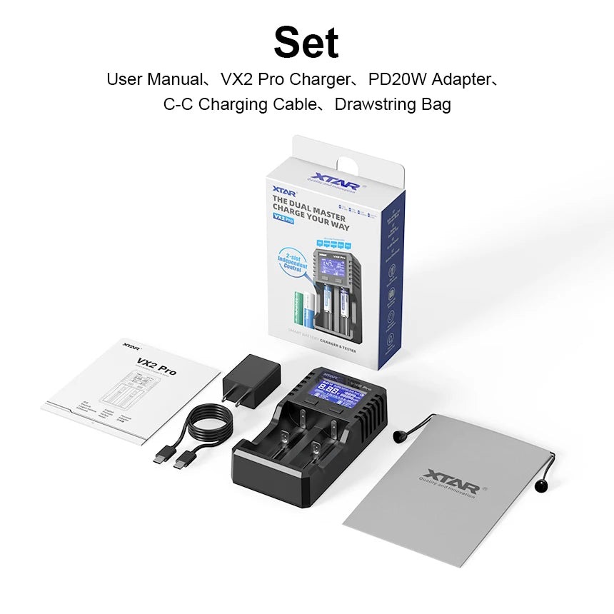 Sạc pin đa năng Xtar VX2 Pro (Kèm củ sạc PD 20W)