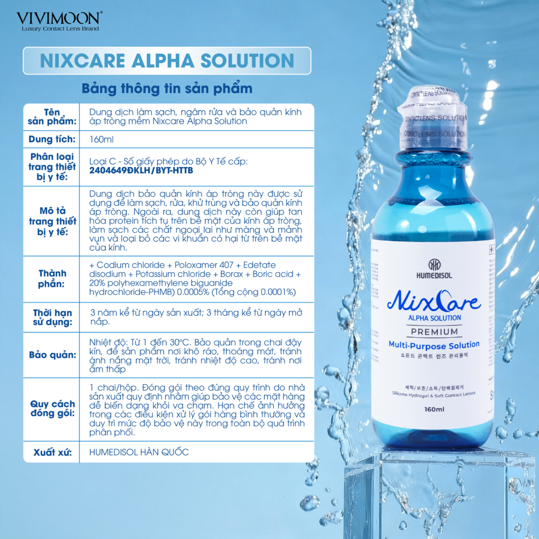 Dung dịch làm sạch, ngâm rửa và bảo quản kính áp tròng Nixcare Alpha 160ml