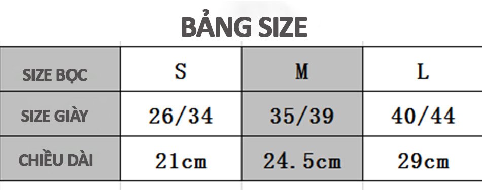 Bảng size bọc giày đi mưa