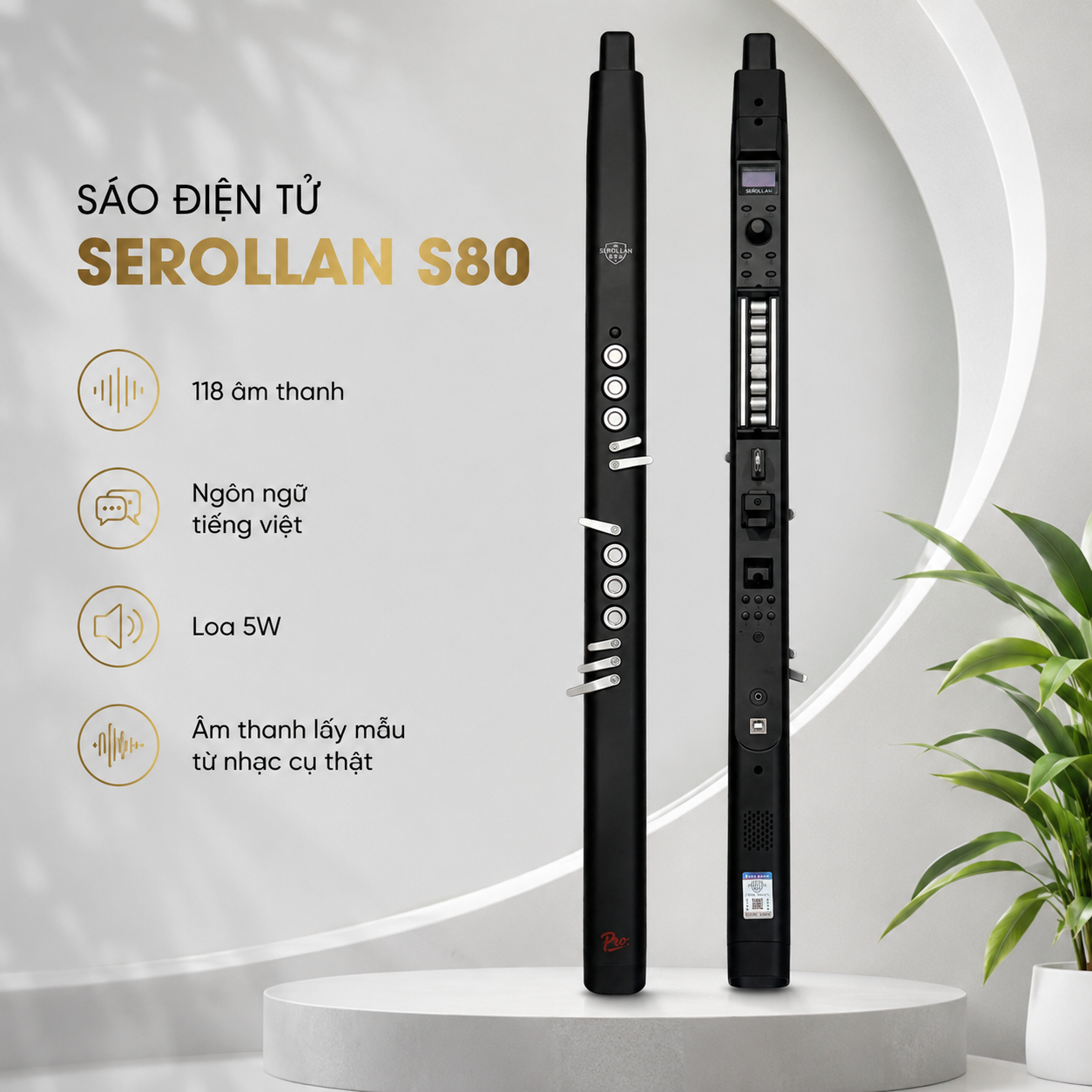 Sáo Điện Tử Serolllan S80 – 118 Âm Sắc, Tiếng Việt, Cảm Biến Hơi, MIDI, Pin trâu
