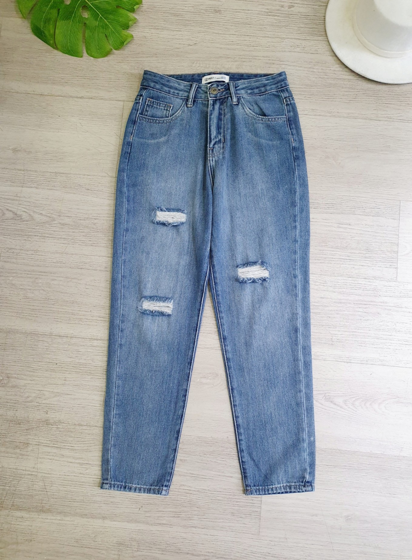 Quần baggy jean xước gối, 1 màu xanh