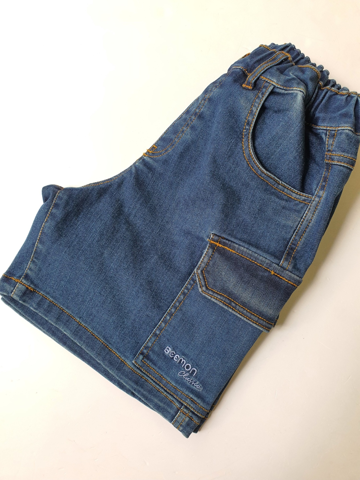 Short jeans cho bé, co giãn, cạp chun, 2 túi hộp, đường may chỉ nổi