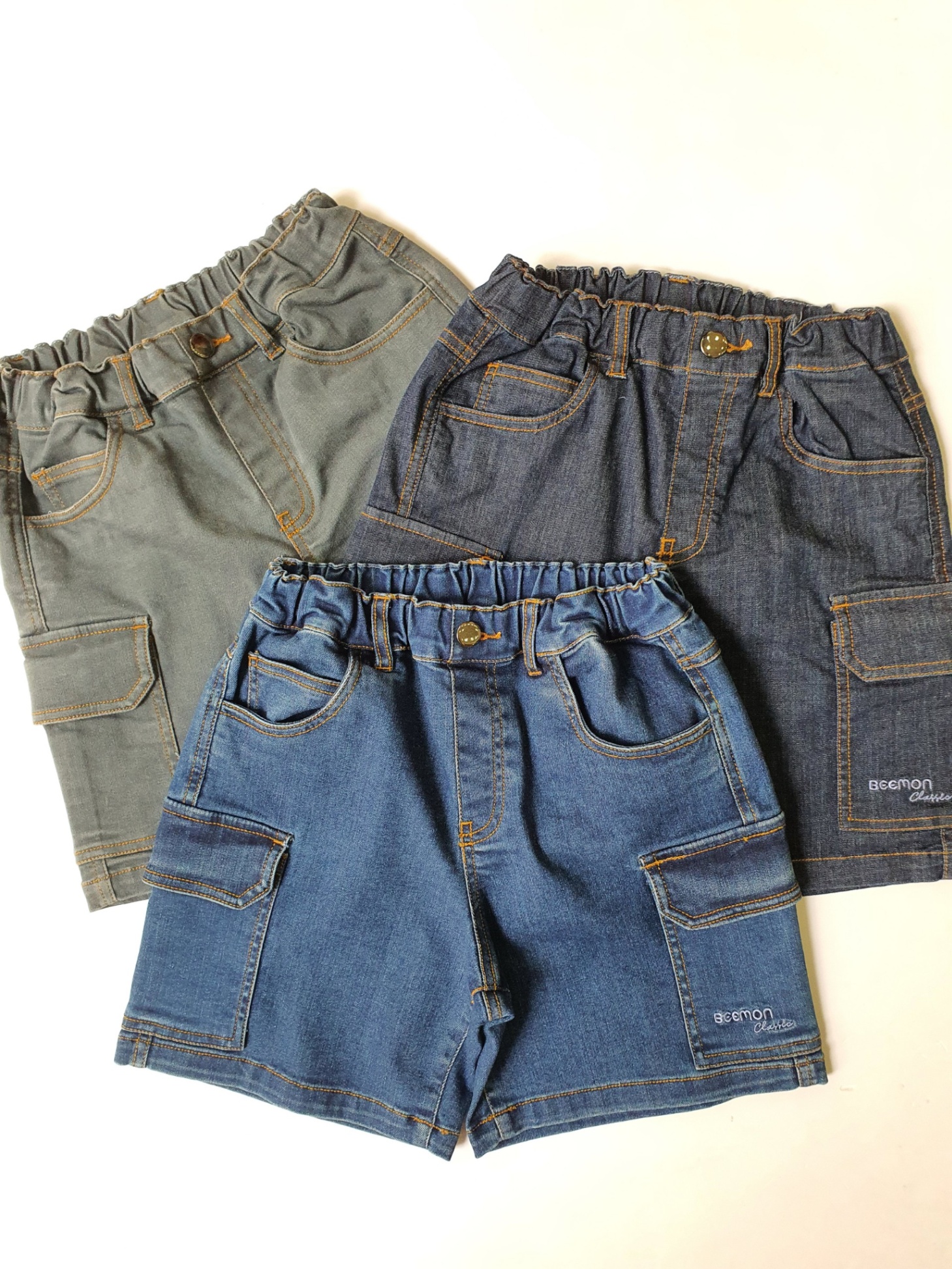 Short jeans cho bé, co giãn, cạp chun, 2 túi hộp, đường may chỉ nổi