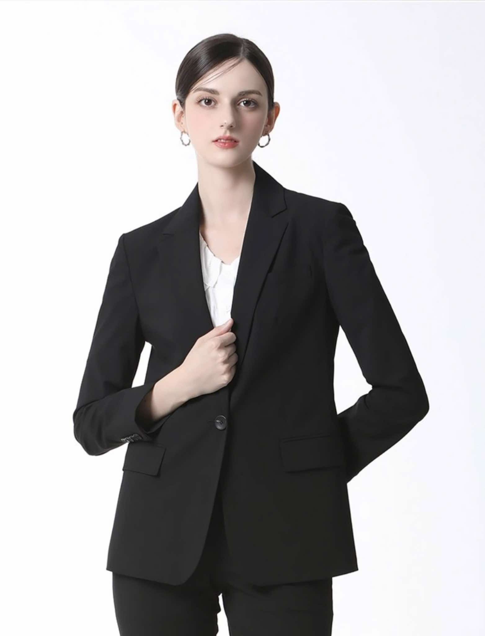 Áo blazer  dày dặn, dài tay, 1 cúc cài, 1 màu đen