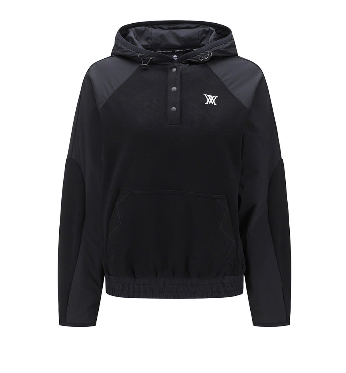 Áo hoodie , 3 cúc bấm cổ, dài tay, bo gấu, logo nhỏ trước ngực, sau lưng chữ to,2 màu