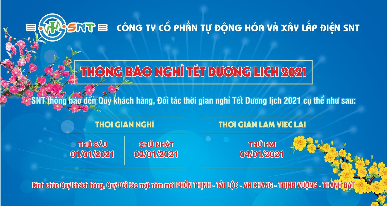 SNT Thông báo lịch nghỉ tết Dương lịch 2021 