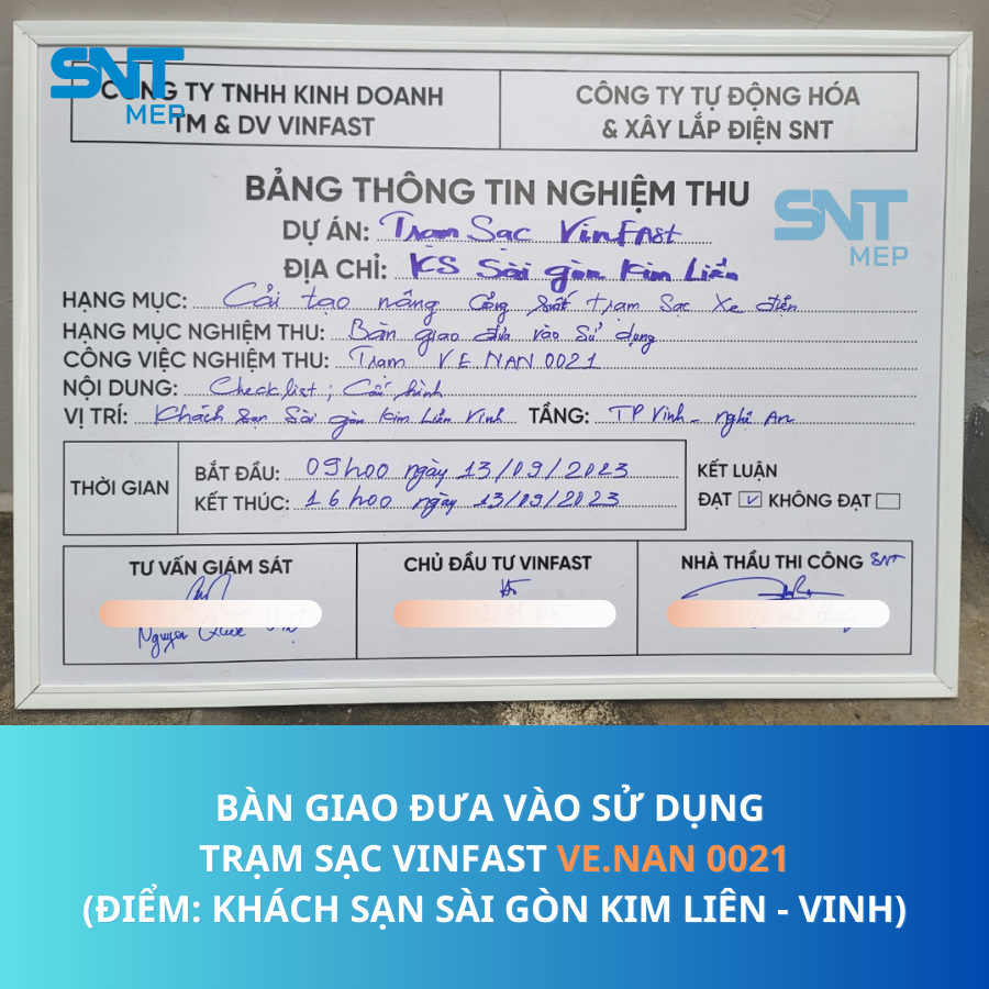 SNT MEP BÀN GIAO ĐƯA VÀO SỬ DỤNG TRẠM SẠC XE ĐIỆN VINFAST VE.NAN 0021 (KHÁCH SẠN SÀI GÒN KIM LIÊN) 