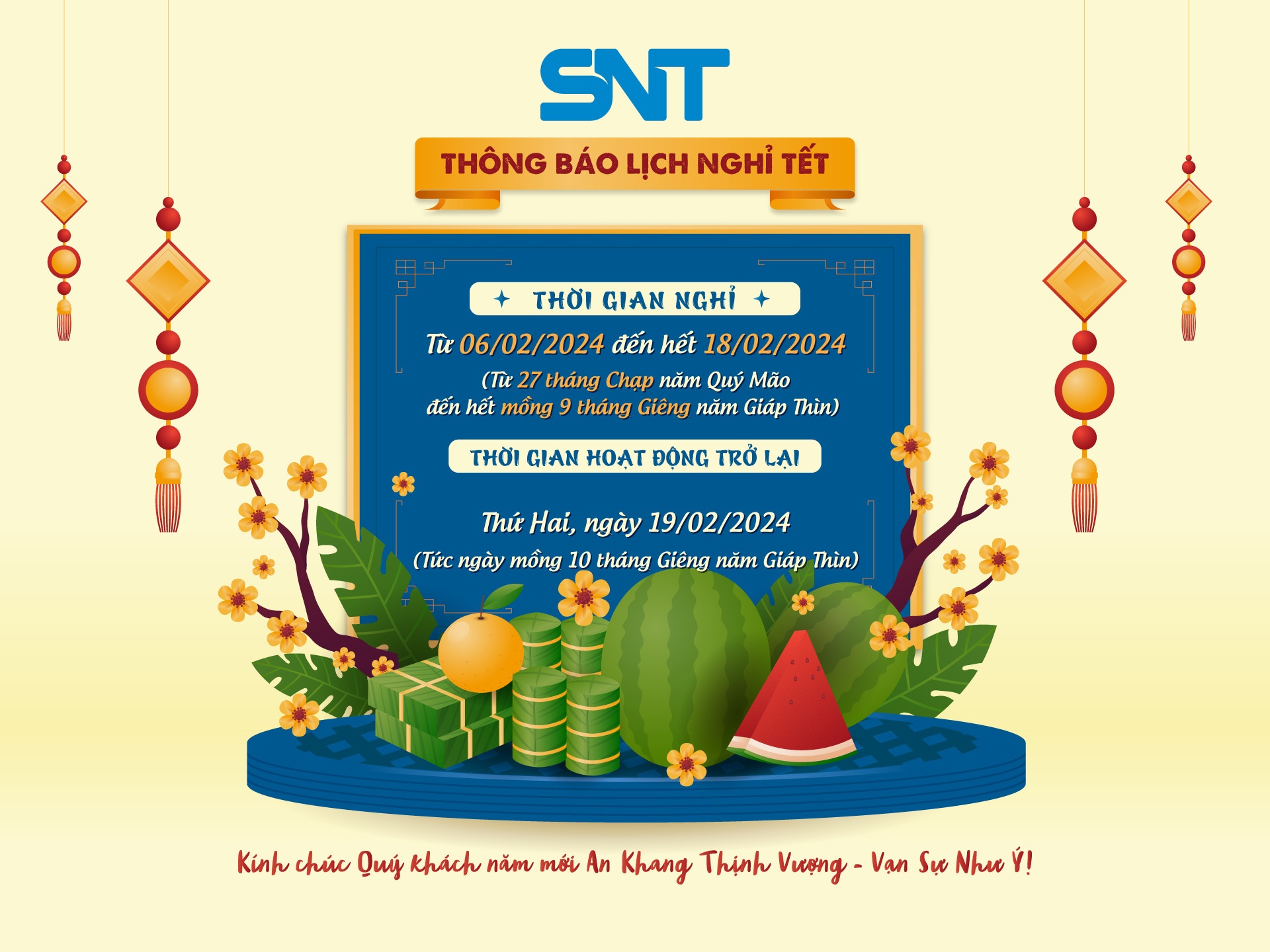 SNT THÔNG BÁO LỊCH NGHỈ TẾT NGUYÊN ĐÁN GIÁP THÌN 2024 