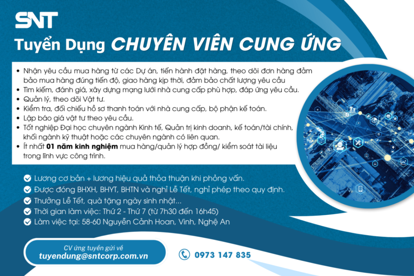 SNT TUYỂN DỤNG CHUYÊN VIÊN CUNG ỨNG ( HÀNG HÓA VẬT TƯ CÔNG TRÌNH ) TẠI NGHỆ AN 