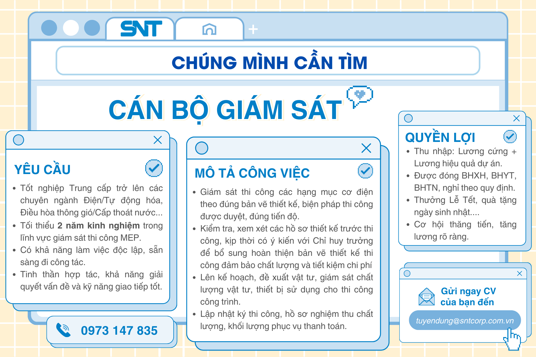 SNT TUYỂN DỤNG CÁN BỘ GIÁM SÁT THI CÔNG CƠ ĐIỆN