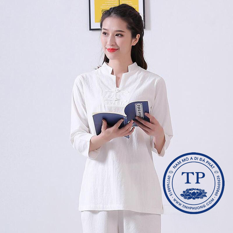 Bộ Quần Áo Cư Sĩ Nữ Màu Trắng Vải Cotton, Quần Áo Phật Tử Nữ, Áo Đi Lễ Chùa Trang Nhã Thanh Lịch