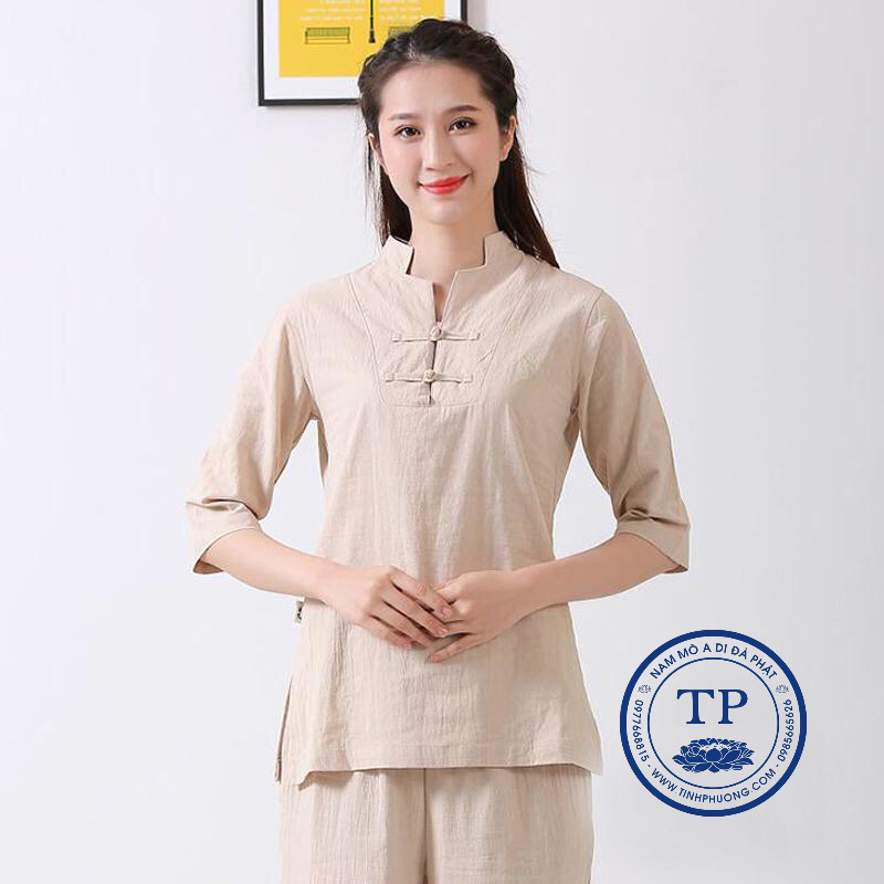 Bộ Quần Áo Nữ Cư Sĩ Màu Vàng Nhạt Vải Cotton, Quần Áo Phật Tử Nữ, Áo Đi Chùa Lễ Phật Trang Nhã Thanh Lịch