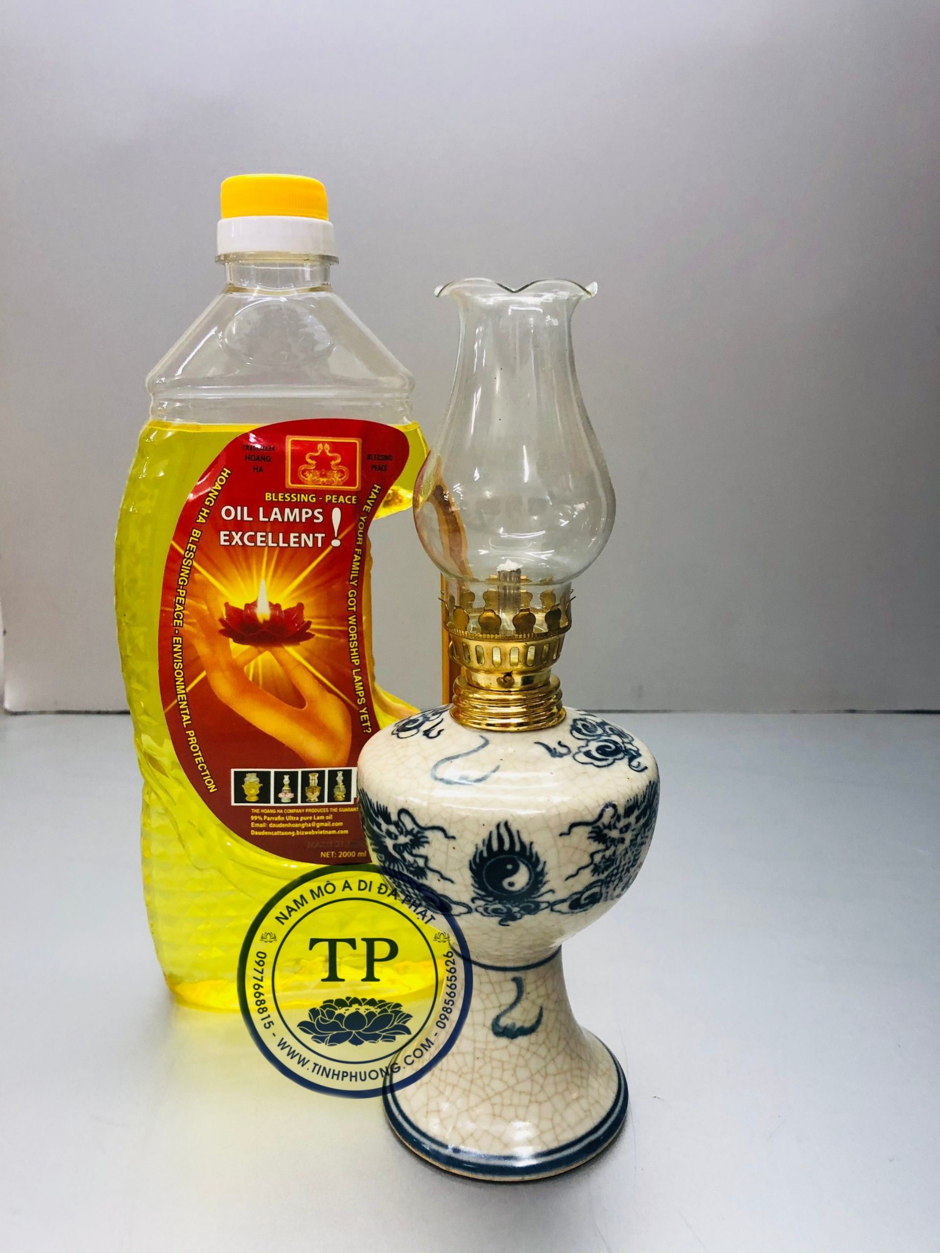 Đèn Thờ đốt Dầu men rạn vẽ Rồng ( tặng kèm 1 chai dầu 500ml)