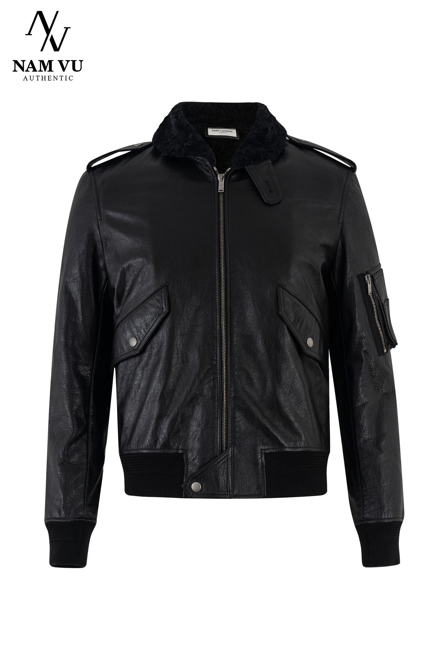 AKDYSL leather jacket saint laurent cổ lông