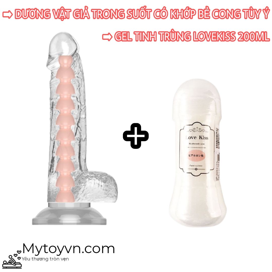 Combo dương vật giả trong suốt và gel bôi trơn Love Kiss 200ml